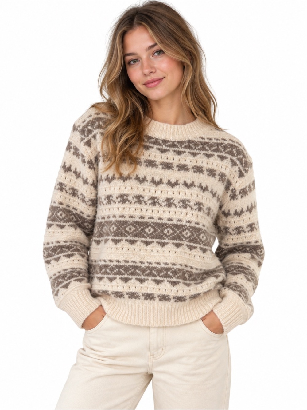 Altar’d State Fair Isle Sweater Medium Cream Brown Wool Blend
